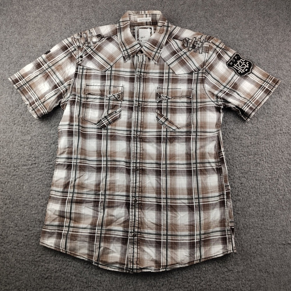 BKE Pearl Snap Shirt Stretch Plaid Western Mens Large Slim Fit Brown Y2K